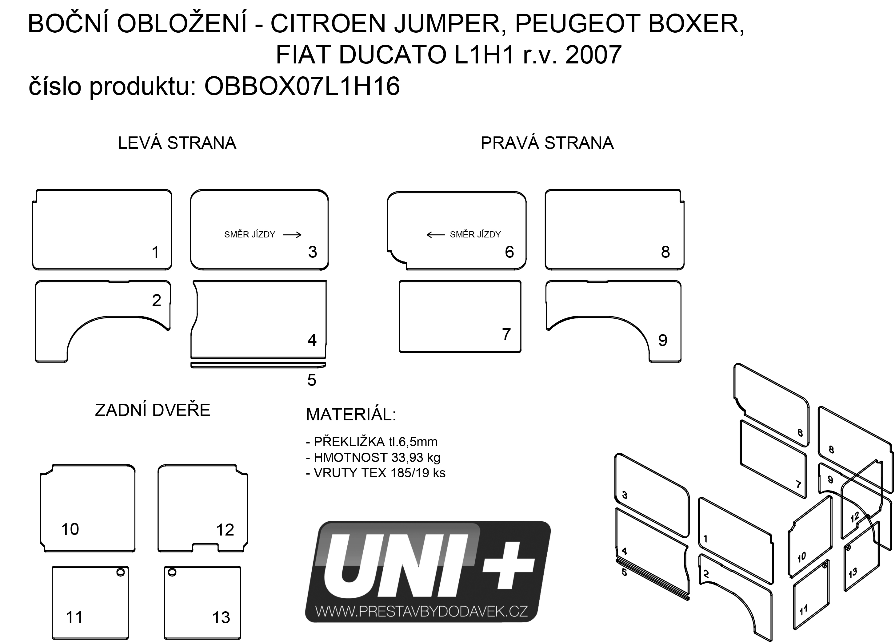 Obložení bočních stěn - překližka 6,5 mm Citroen Jumper, Peugeot Boxer, Fiat Ducato X250/X290 | L1H1