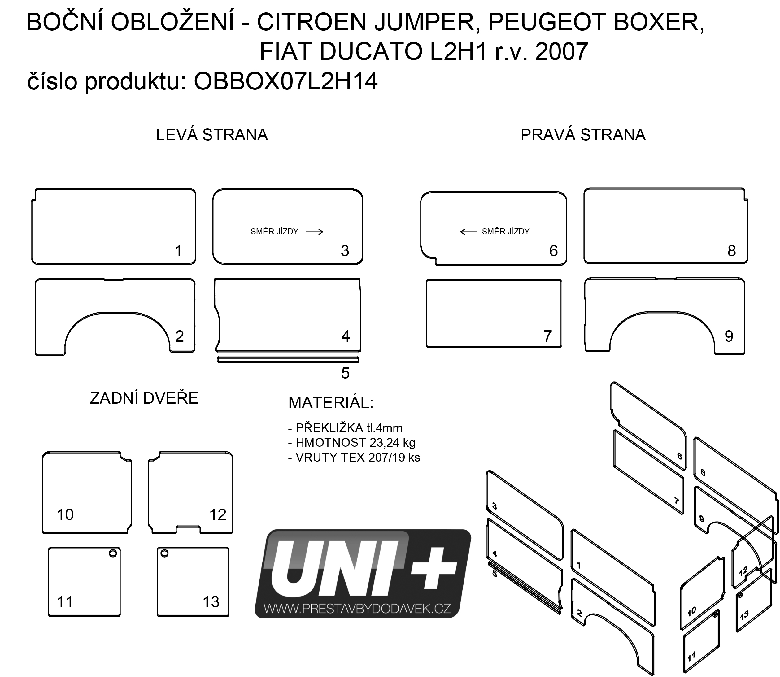 Obložení bočních stěn - překližka 4 mm Citroen Jumper, Peugeot Boxer, Fiat Ducato X250/X290 | L2H1