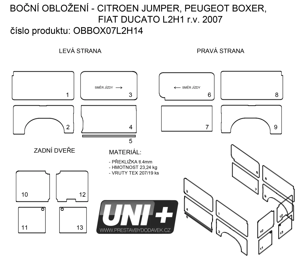 Obložení bočních stěn - překližka 4 mm Citroen Jumper, Peugeot Boxer, Fiat Ducato X250/X290 | L2H1