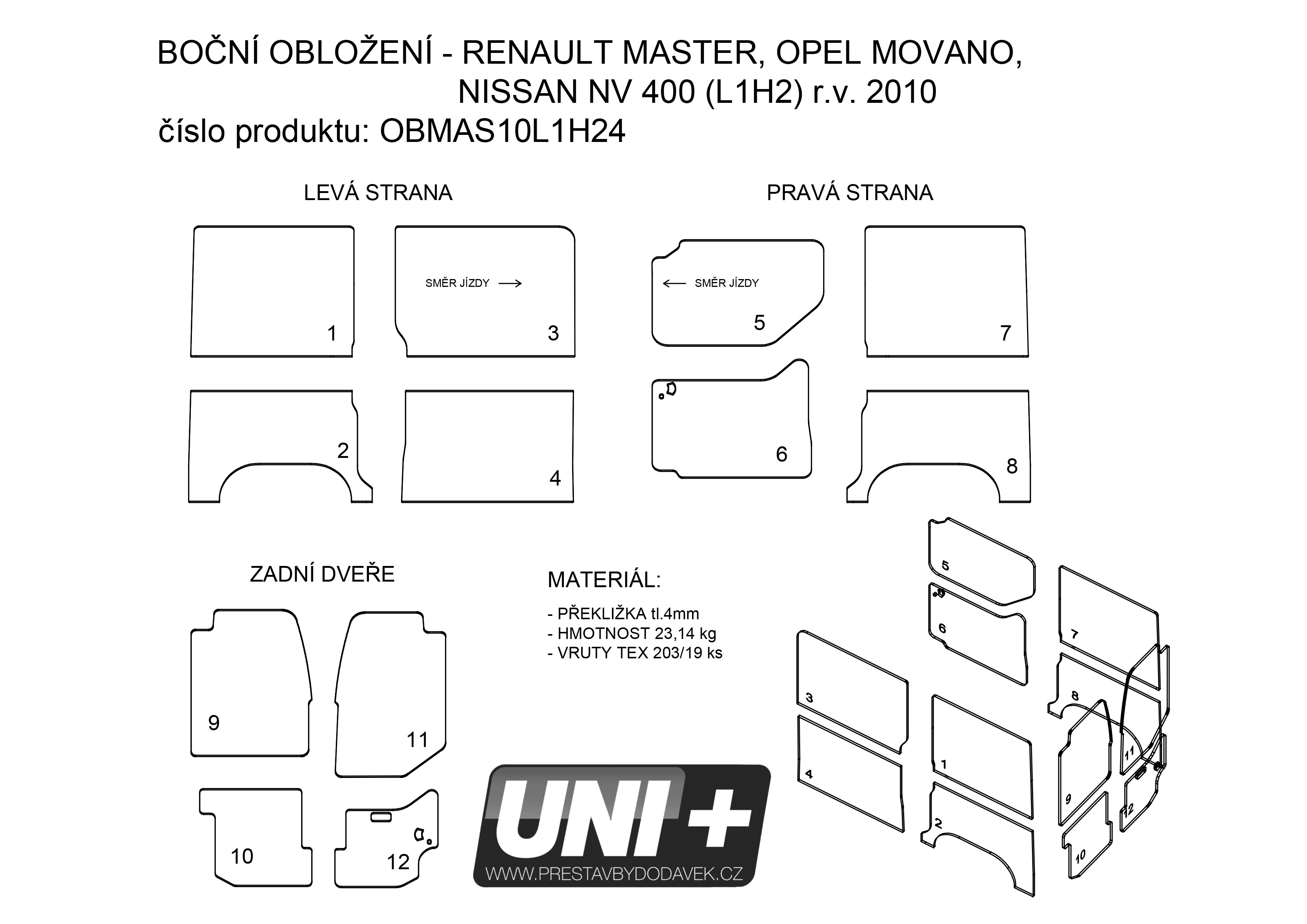 Obložení bočních stěn - překližka 4 mm Renault Master / Opel Movano / Nissan NV400 (L1H2)