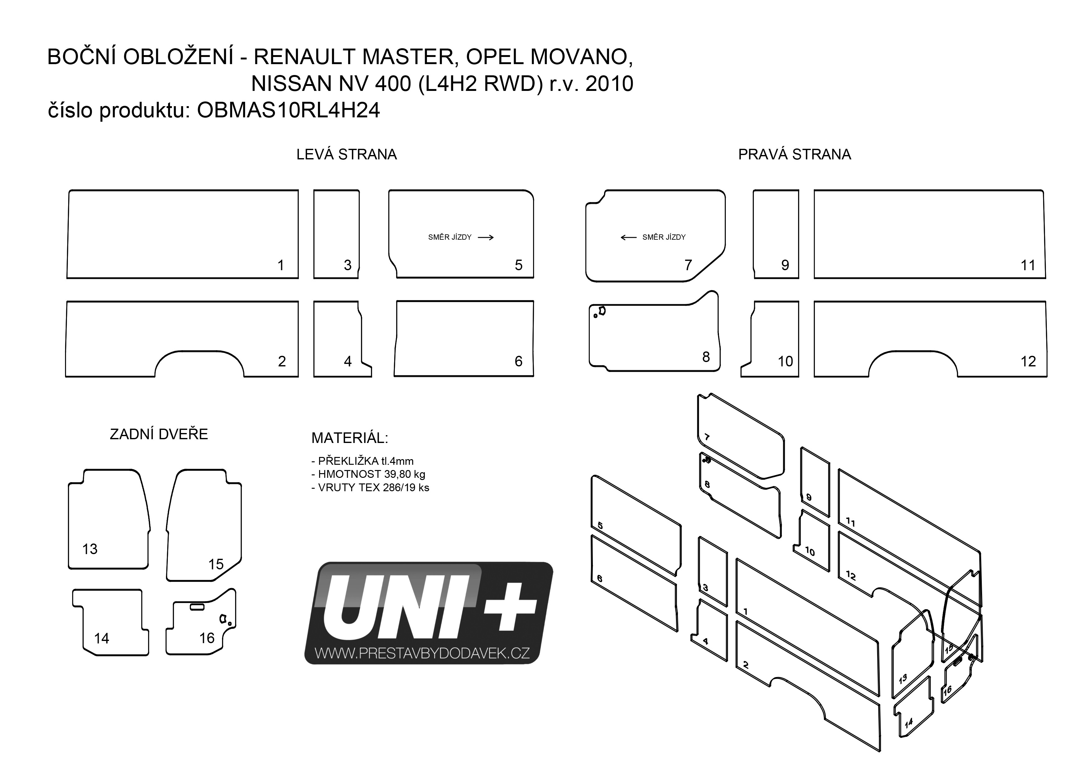 Obložení bočních stěn - překližka 4 mm Renault Master / Opel Movano (L4H2 RWD)