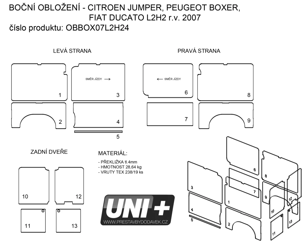 Obložení bočních stěn - překližka 4 mm Citroen Jumper, Peugeot Boxer, Fiat Ducato X250/X290 | L2H2