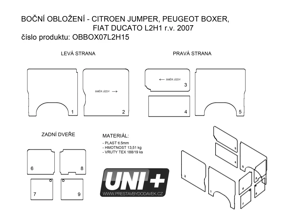 Obložení bočních stěn - polypropylen IP 4 mm Citroen Jumper, Peugeot Boxer, Fiat Ducato X250/X290 | L2H1