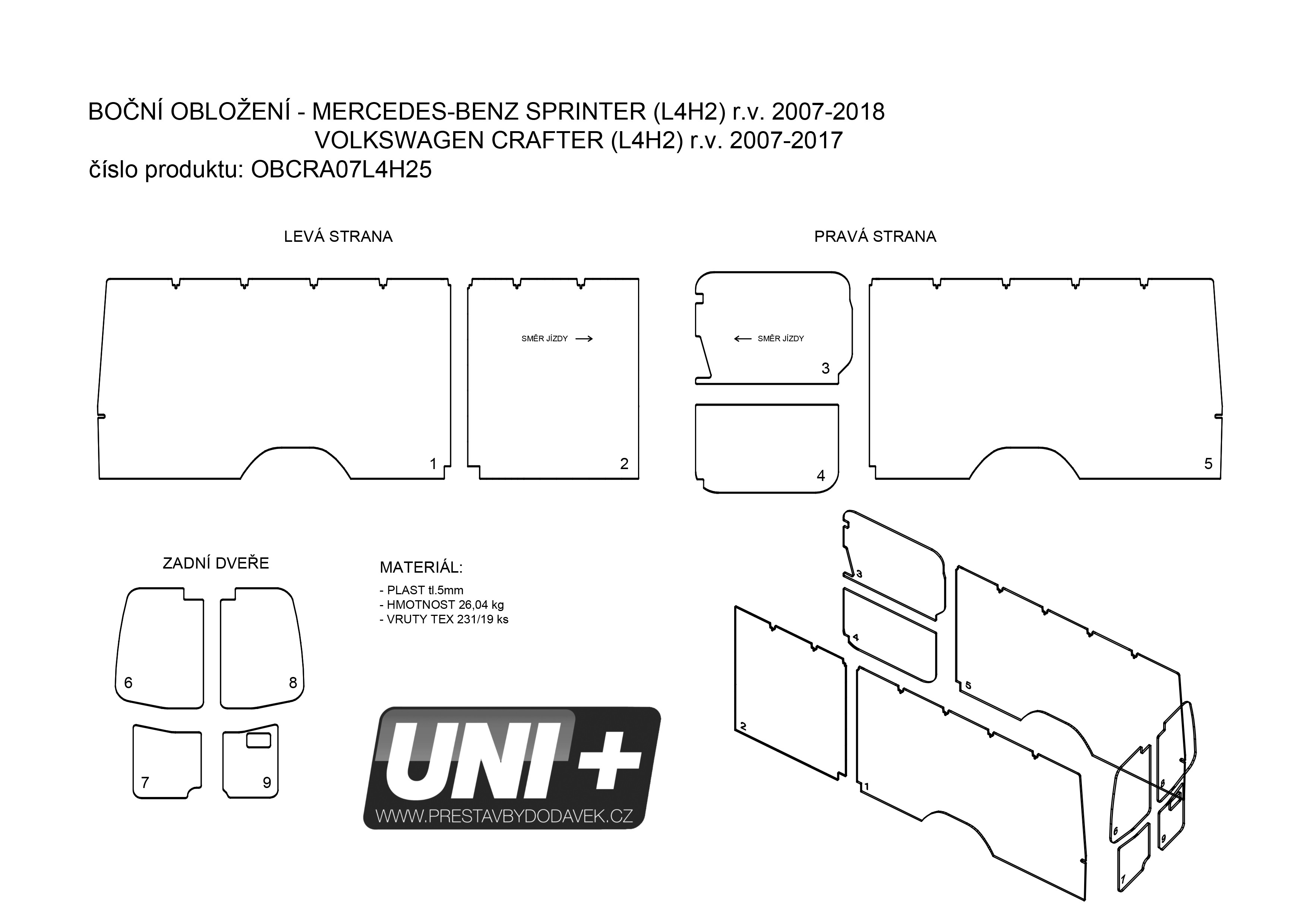 Obložení bočních stěn - plast 5 mm Mercedes-Benz Sprinter / Volkswagen Crafter (L4H2)