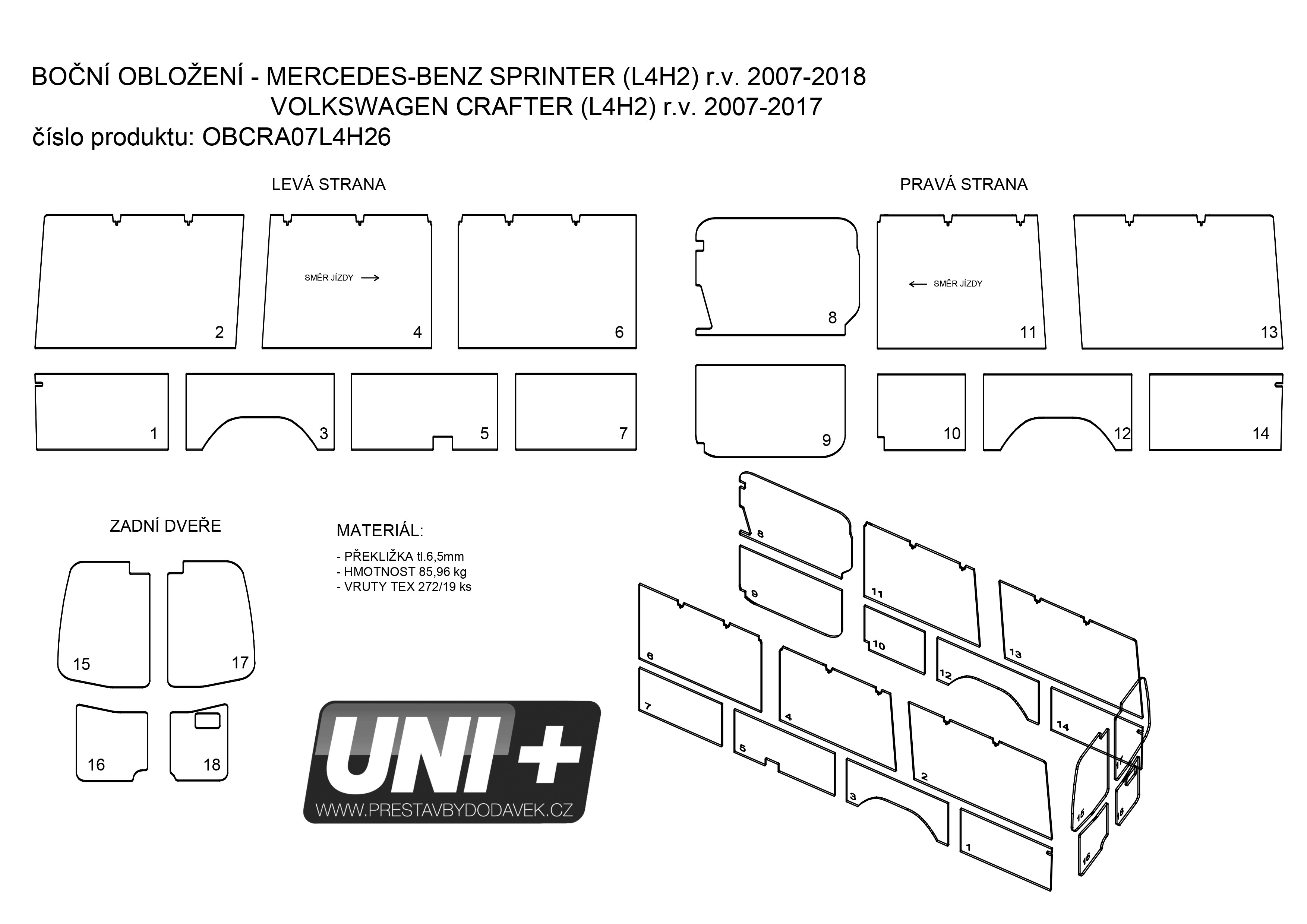 Obložení bočních stěn - překližka 6,5 mm Mercedes-Benz Sprinter / Volkswagen Crafter (L4H2)