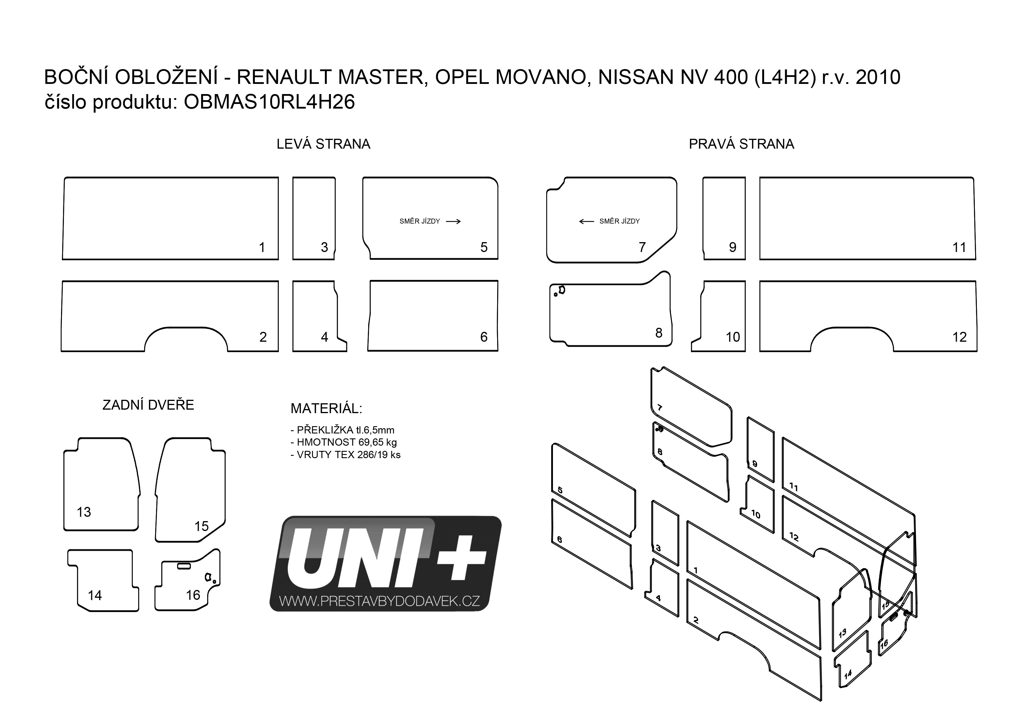Obložení bočních stěn - překližka 6,5 mm Renault Master / Opel Movano (L4H2 RWD)
