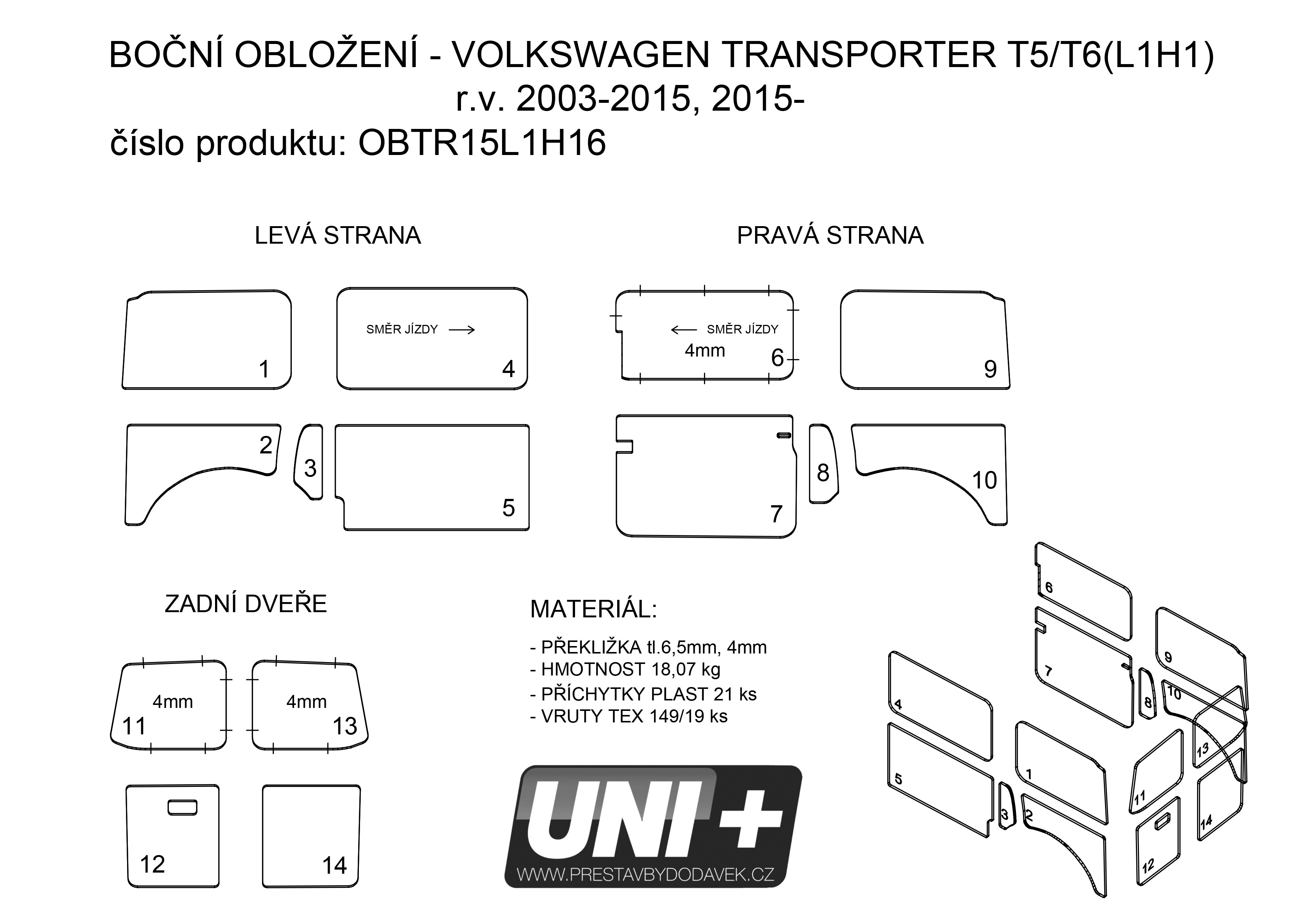 Obložení bočních stěn - překližka 6,5 mm Volkswagen Transporter T5 / T6 (L1H1)