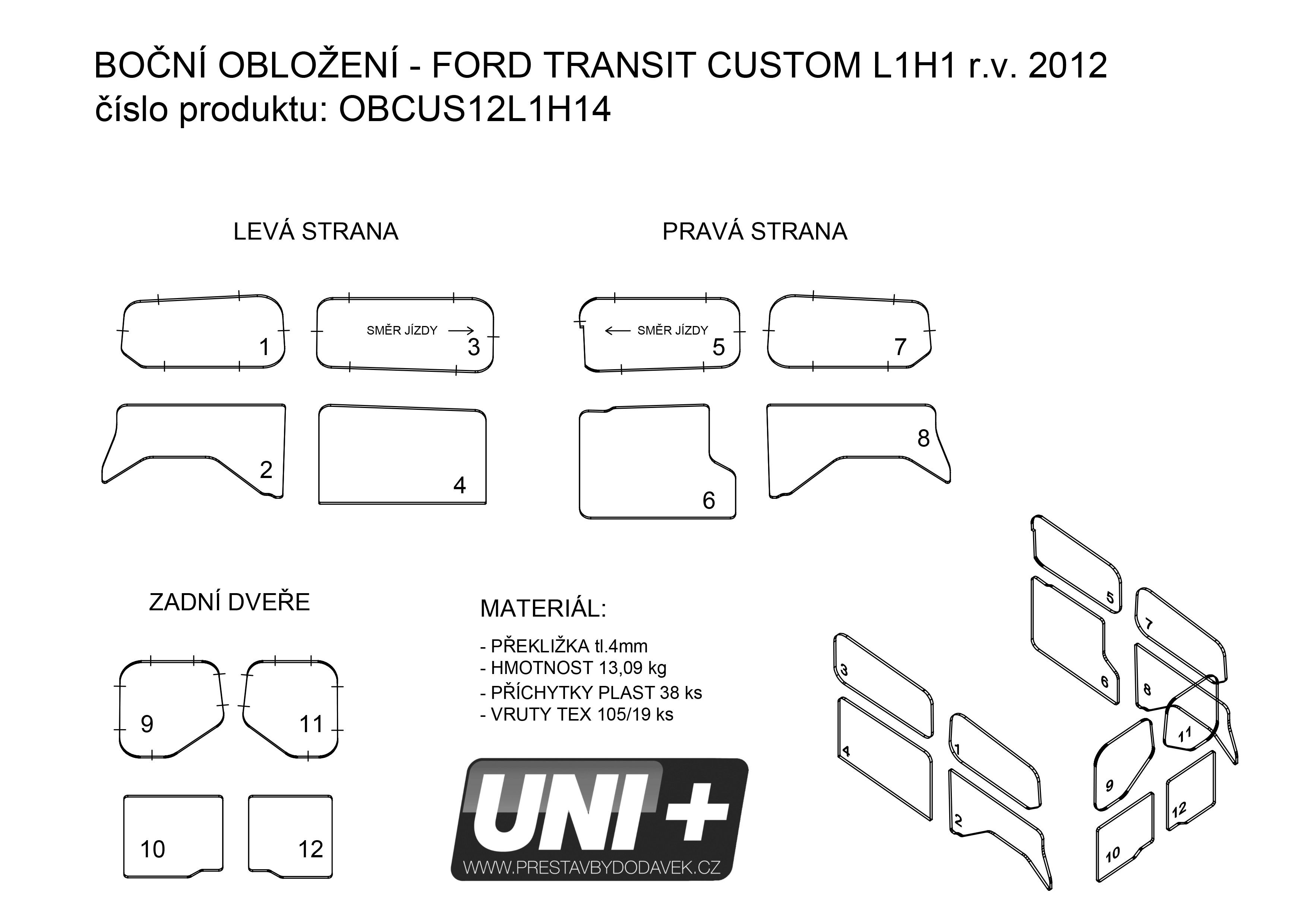 Obložení bočních stěn - překližka 4 mm Ford Transit Custom (L1H1)