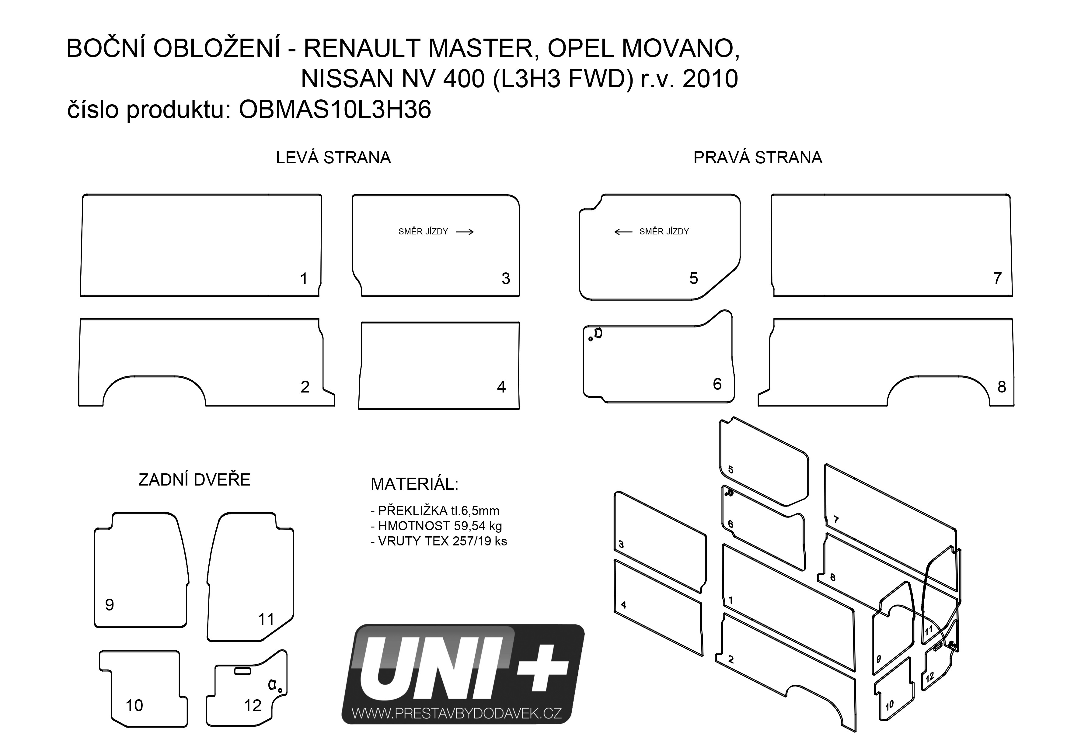 Obložení bočních stěn - překližka 6,5 mm Renault Master / Opel Movano / Nissan NV400 (L3H3 FWD)