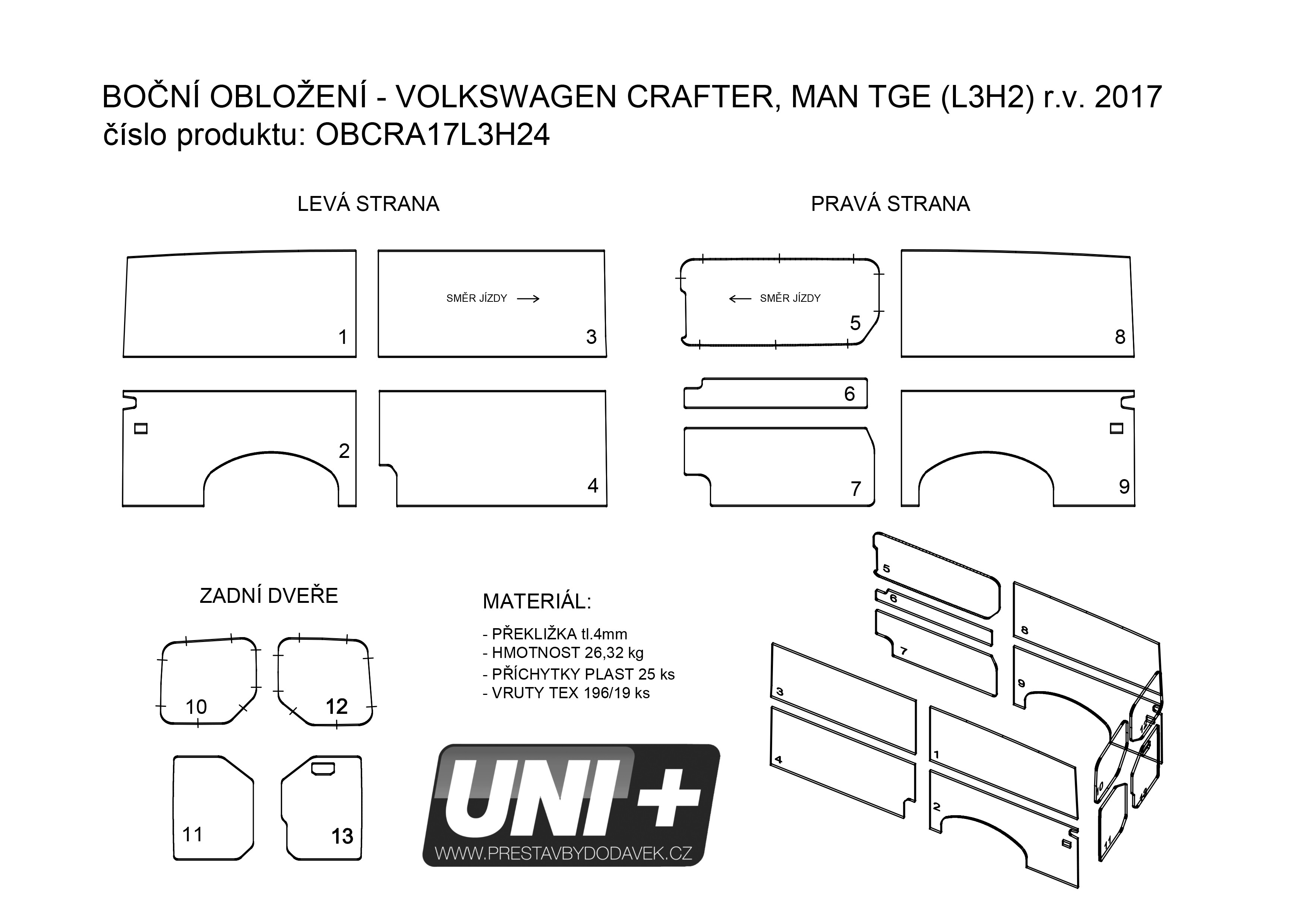Obložení bočních stěn - překližka 4 mm Volkswagen Crafter / MAN TGE (L3H2)