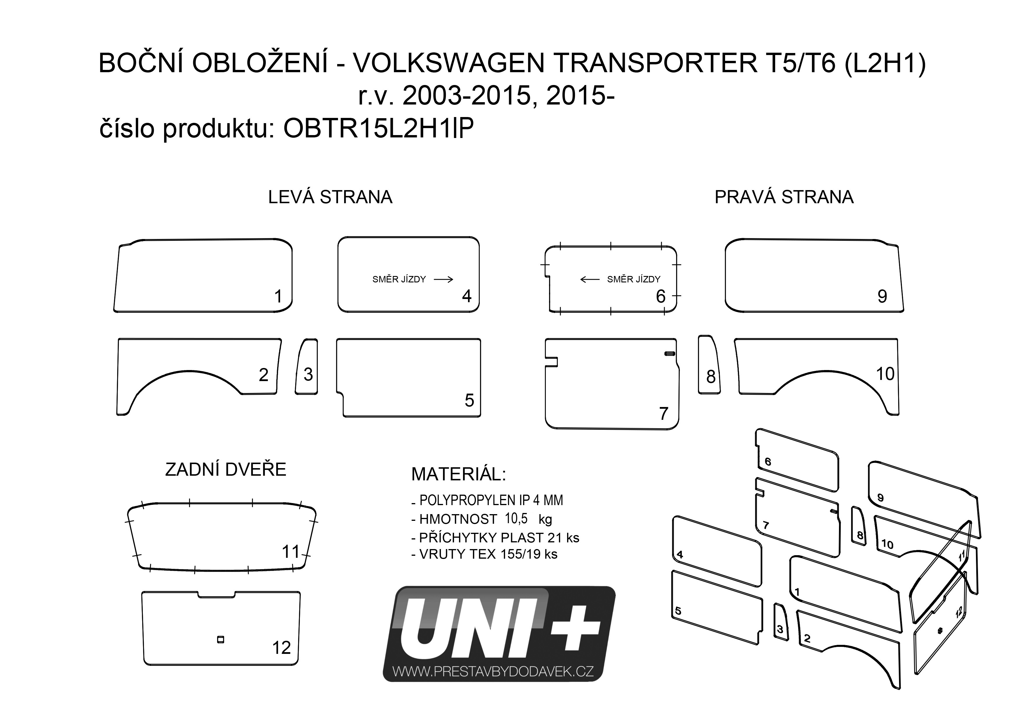 Obložení bočních stěn - polypropylen IP 4 mm Volkswagen Transporter T5 / T6 | L2H1