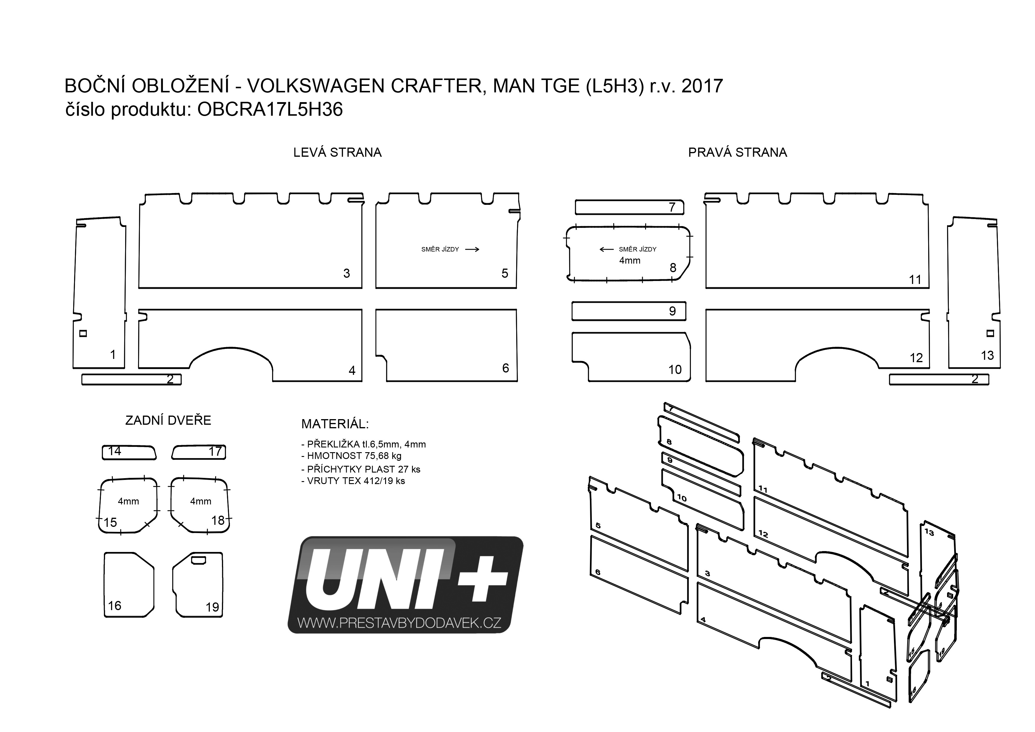 Obložení bočních stěn - překližka 6,5 mm Volkswagen Crafter / MAN TGE (L5H3)